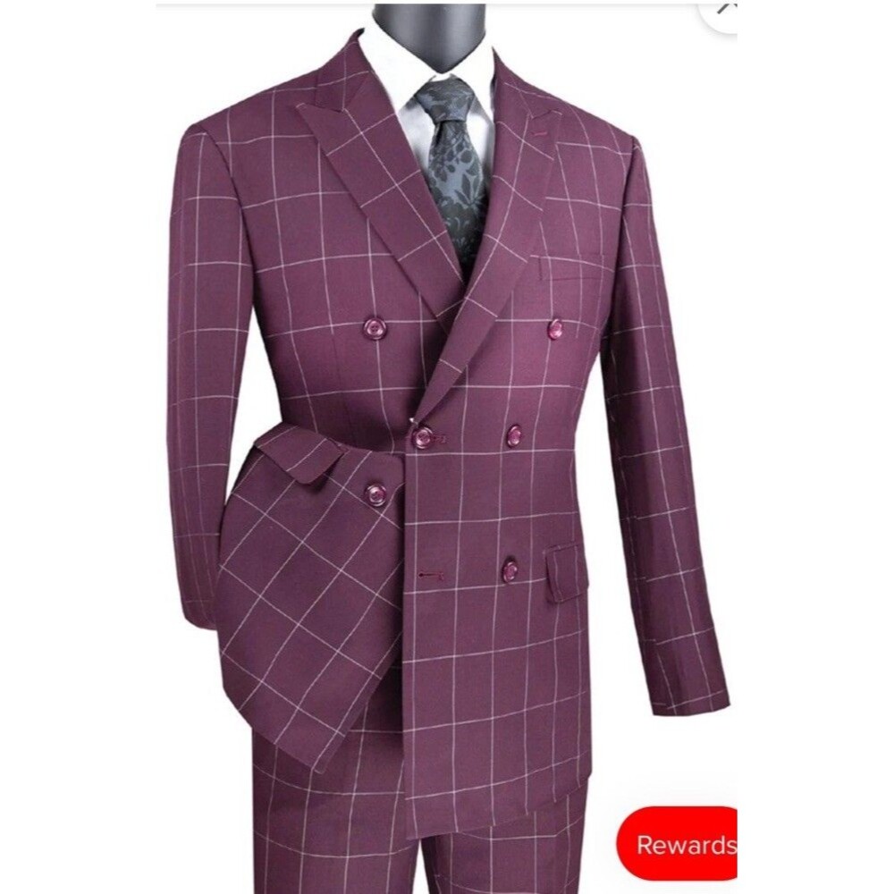 VINCI Men's Burgundy Windowpane Double Breasted 6-Button Modern Suit 54L